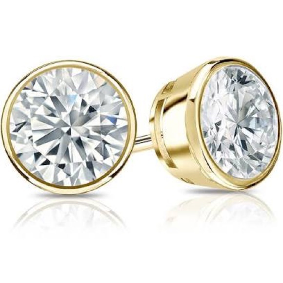 2 ct Round Brilliant Cut Diamond Bezel Set Solitaire Stud Earrings - Picture 3 of 16